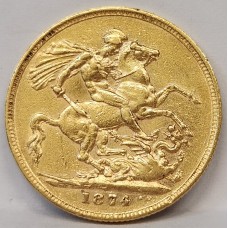 GREAT BRITAIN UK ENGLAND 1874 . SOVEREIGN . GOLD COIN